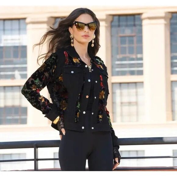 Adore Denim Sheer Panel Embroidered Velvet Floral Fringe Jacket Small Black - Picture 4 of 13